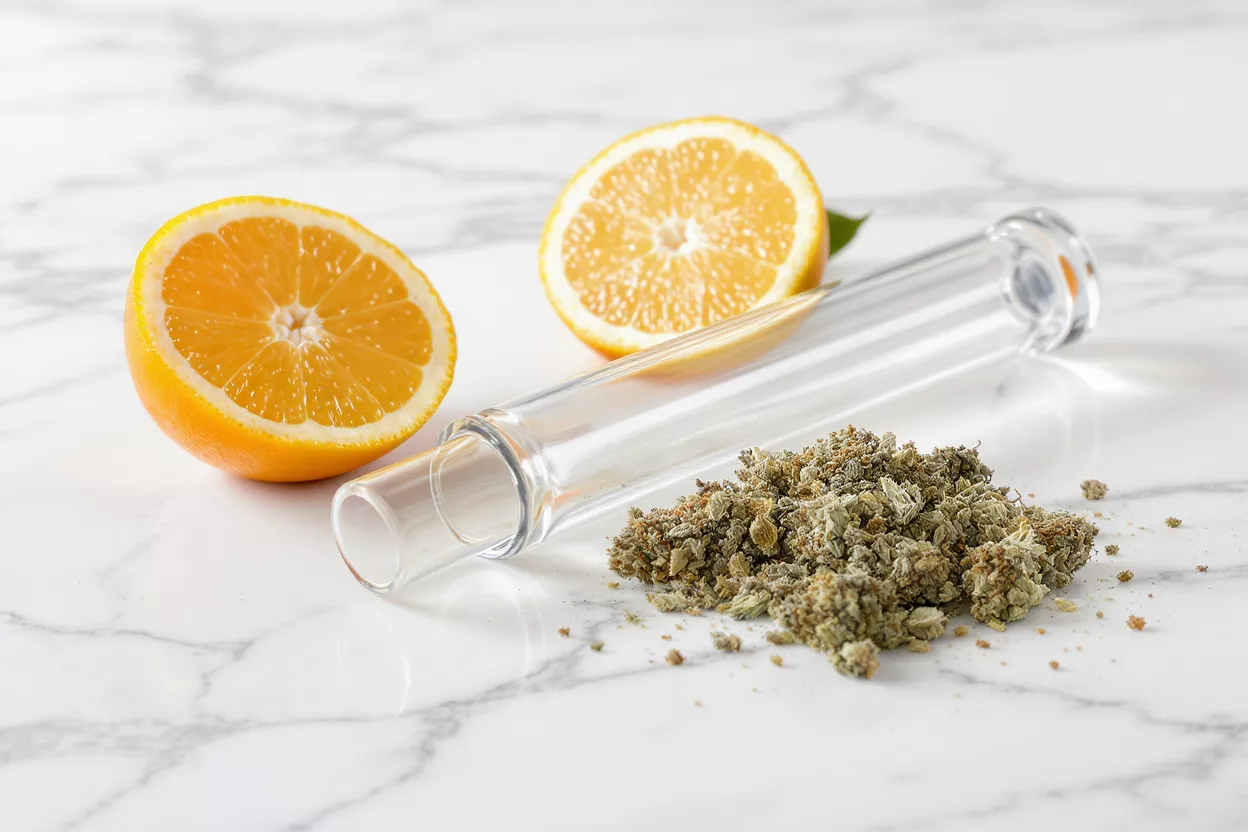 Cannabis, cítricos y pipa de vidrio Cannabis, dos mitades de naranja y una pipa de vidrio sobre una superficie de mármol blanco.