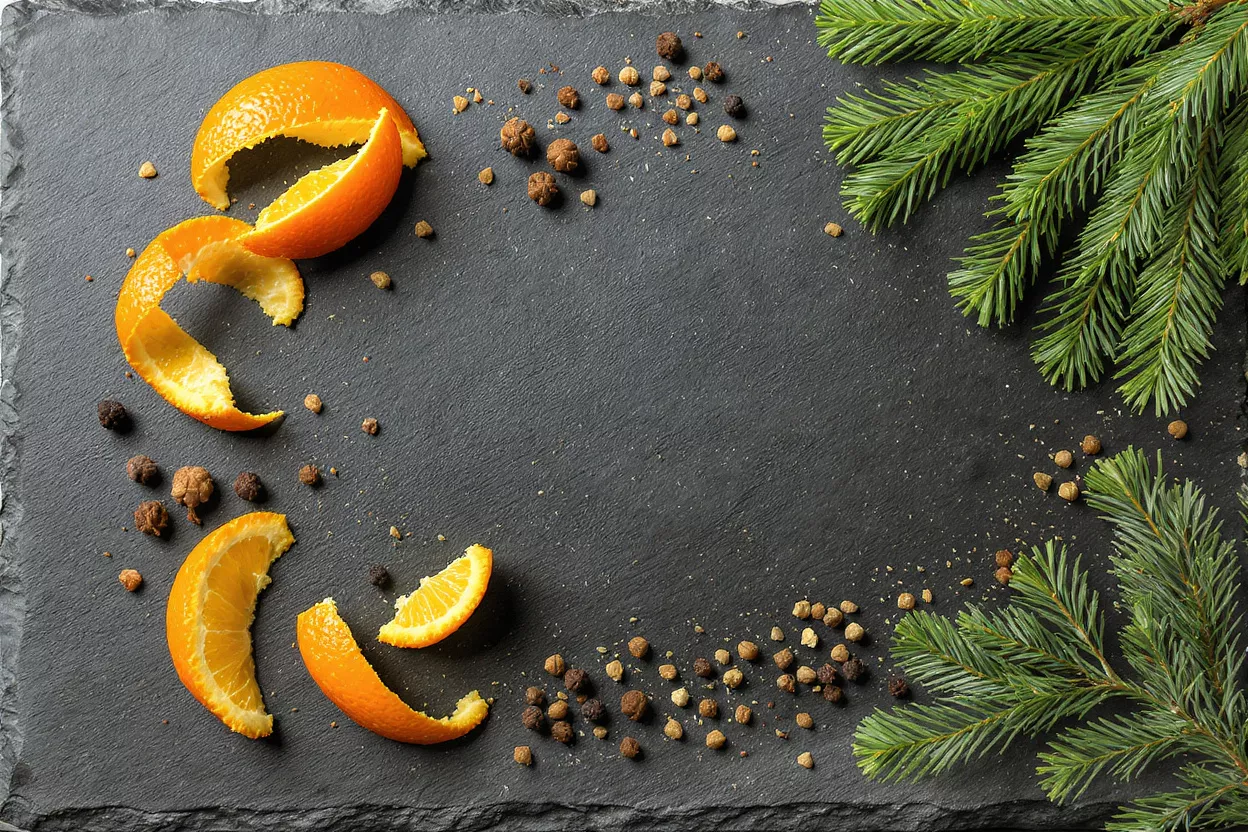 Orange peels, spices, and fir branches on a dark slate background.