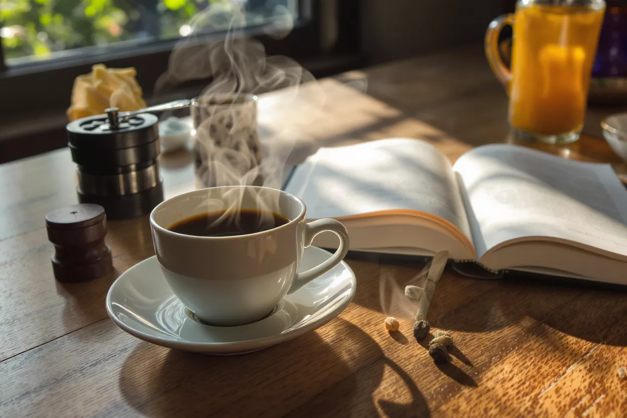 A steaming cup of coffee next to an open book on a sunlit wooden table.
