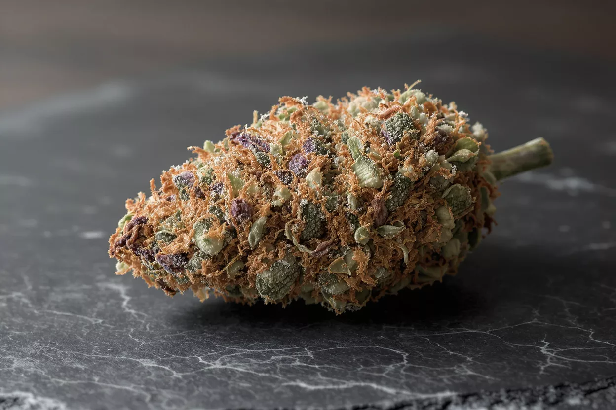 Close-up of a cannabis bud with vibrant colors and trichomes on a dark surface.