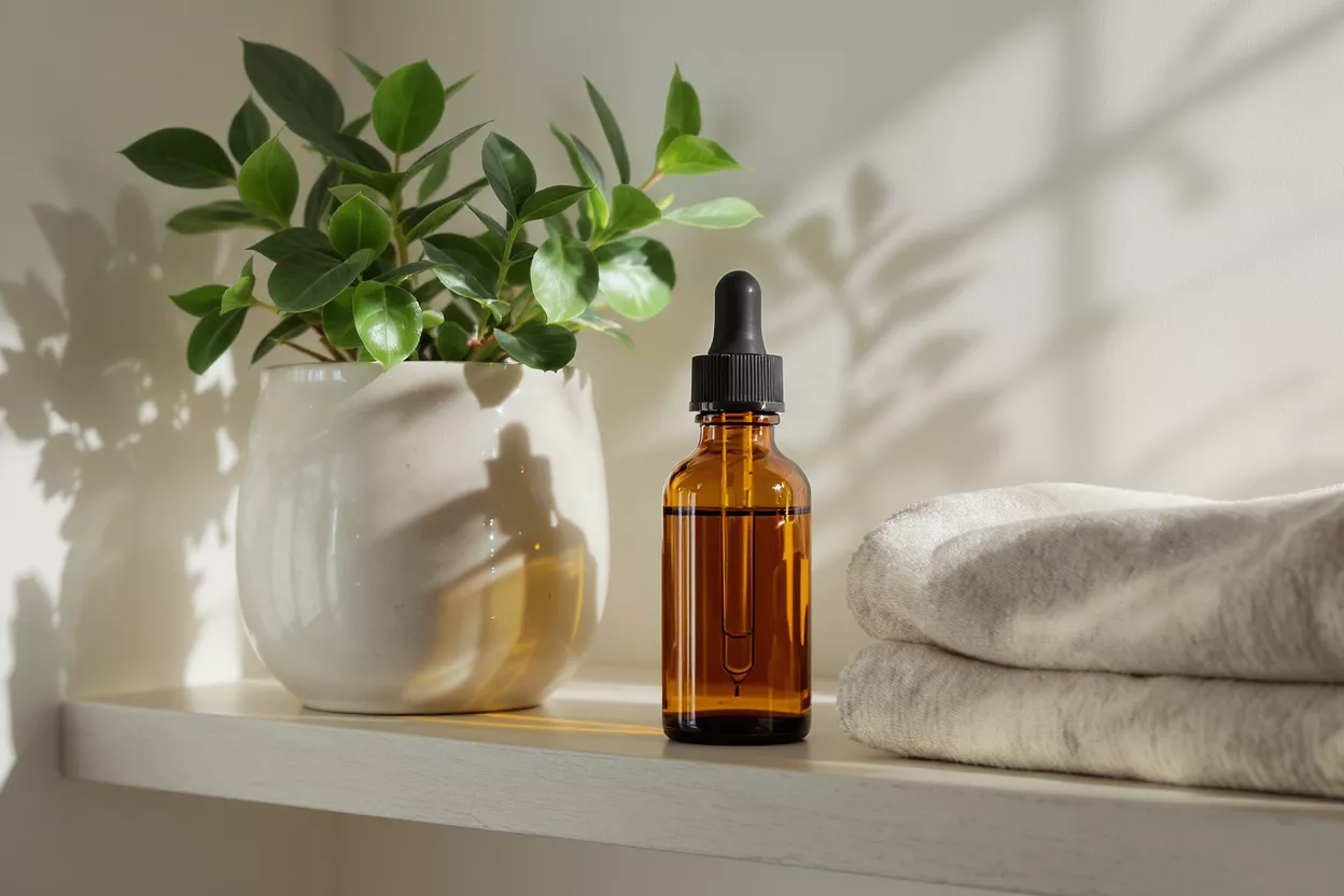 Amber dropper bottle, green plant, and folded towels on a white shelf.