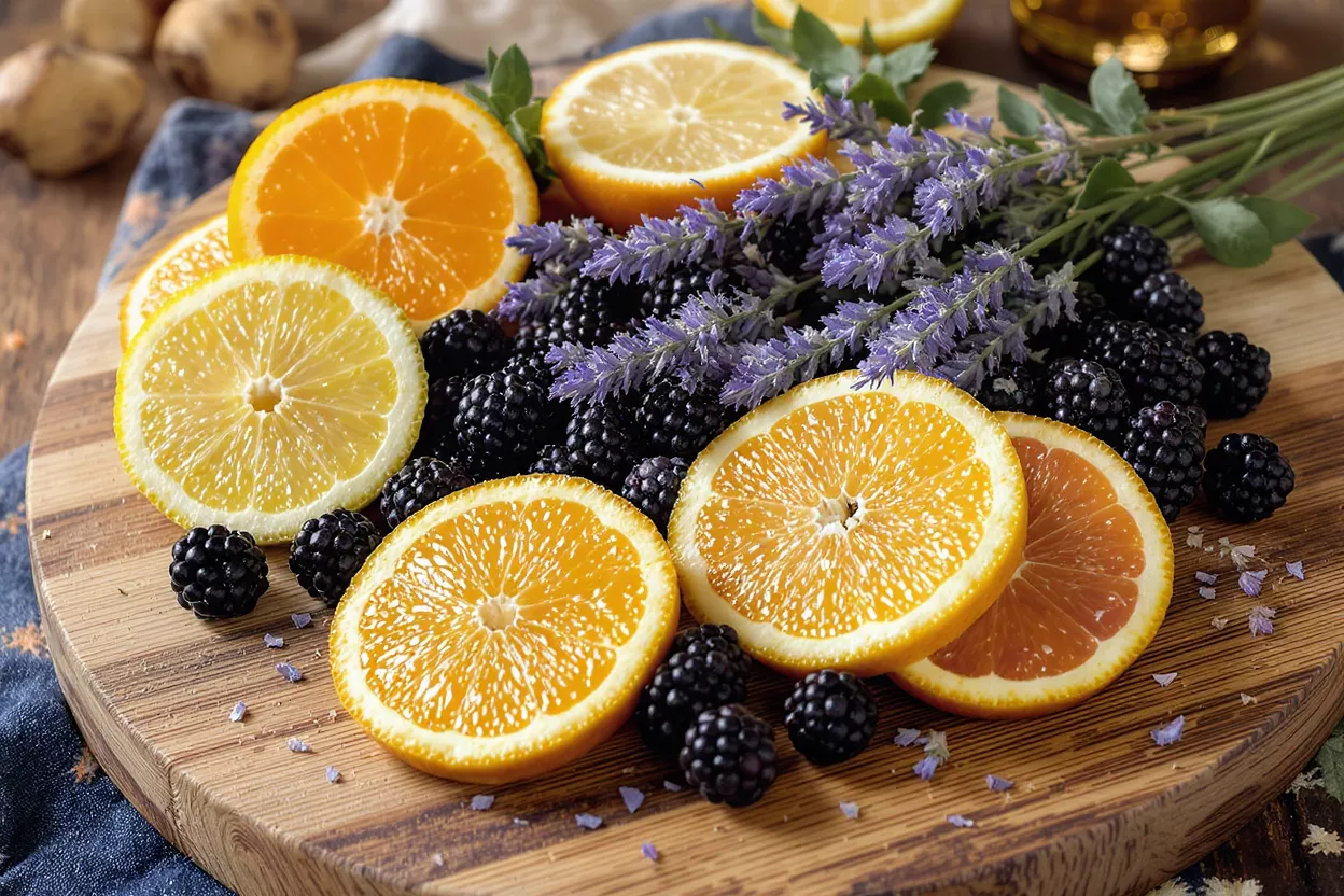 Sliced oranges, lemons, blackberries, and lavender sprigs on a wooden board.