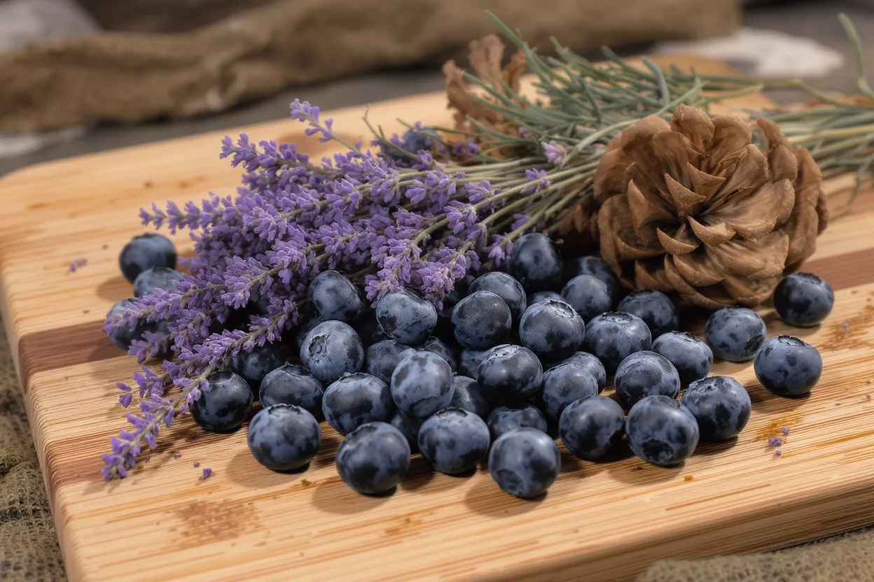 Blueberries, lavender, and a pinecone arranged on a wooden cutting board.