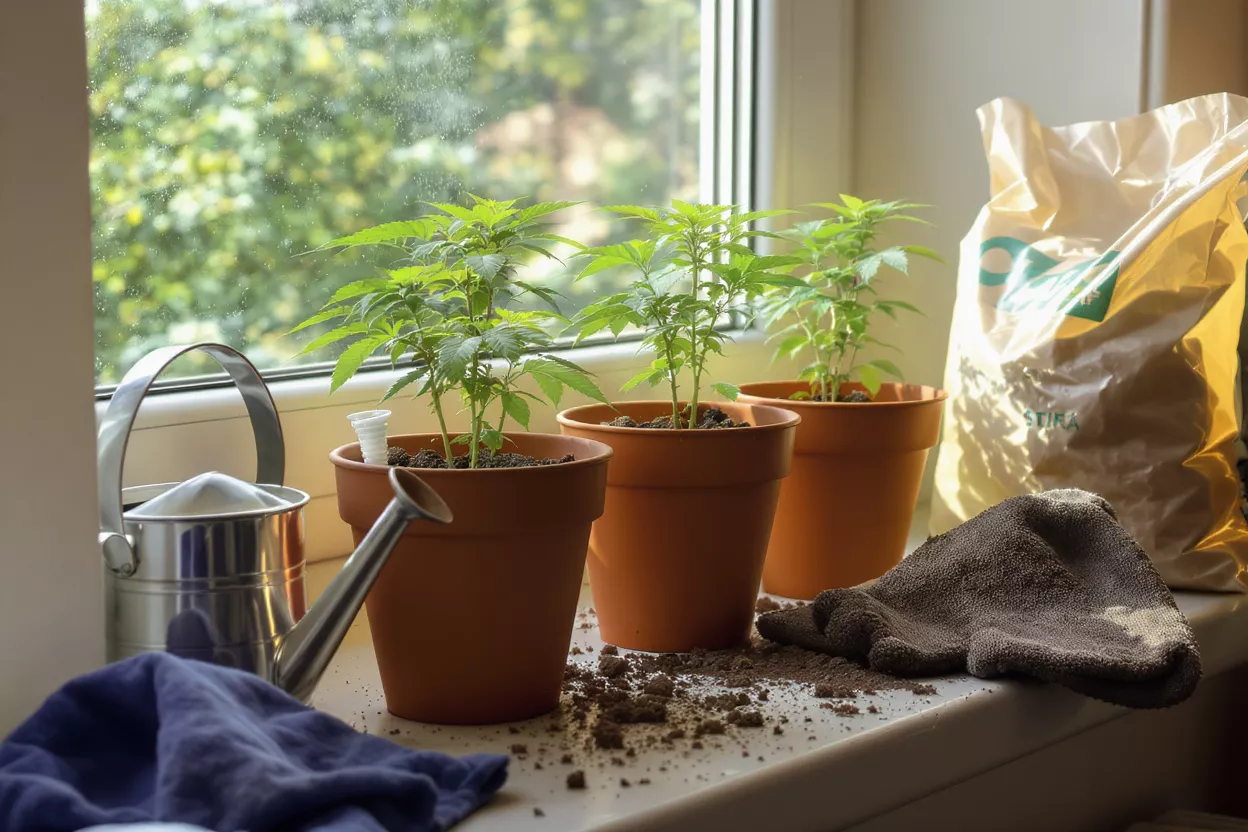 Three small green plants in terracotta pots on a windowsill with gardening tools.