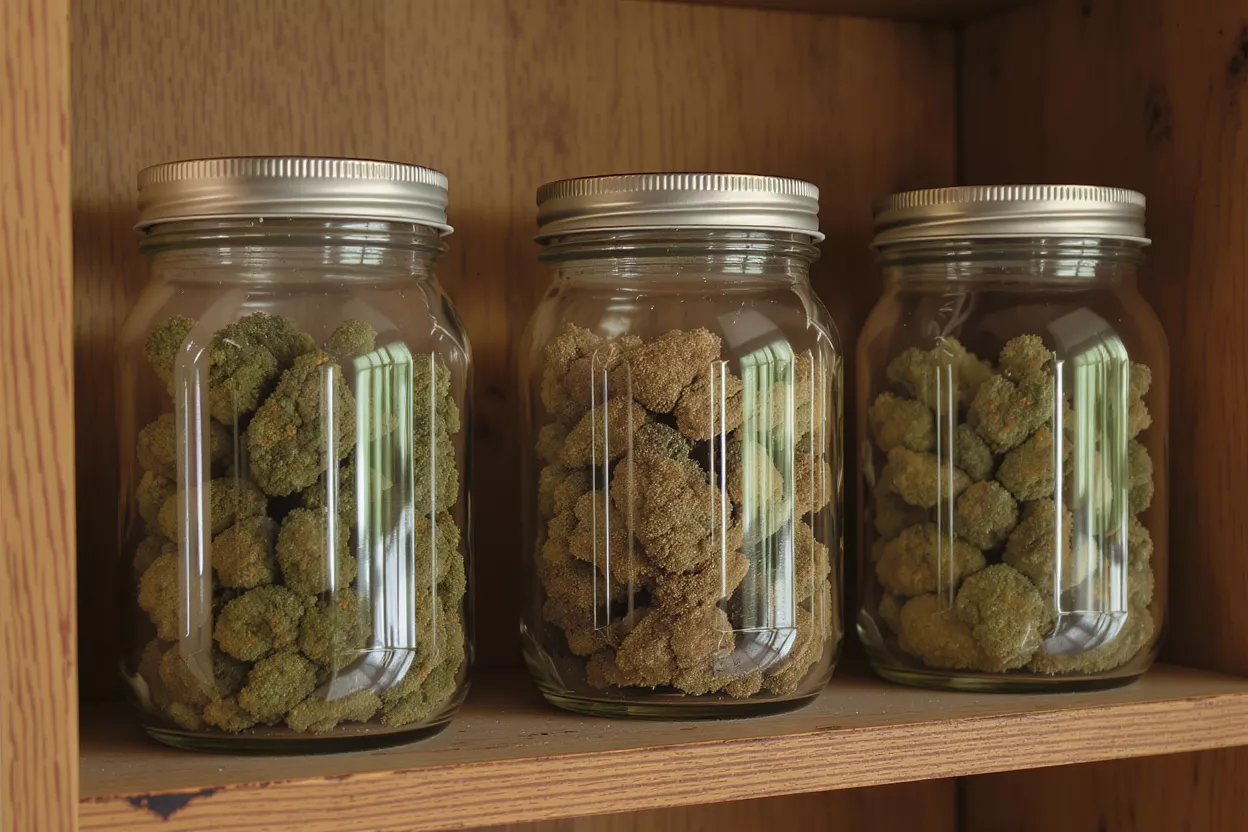 Three glass jars filled with different types of cannabis buds on a wooden shelf.