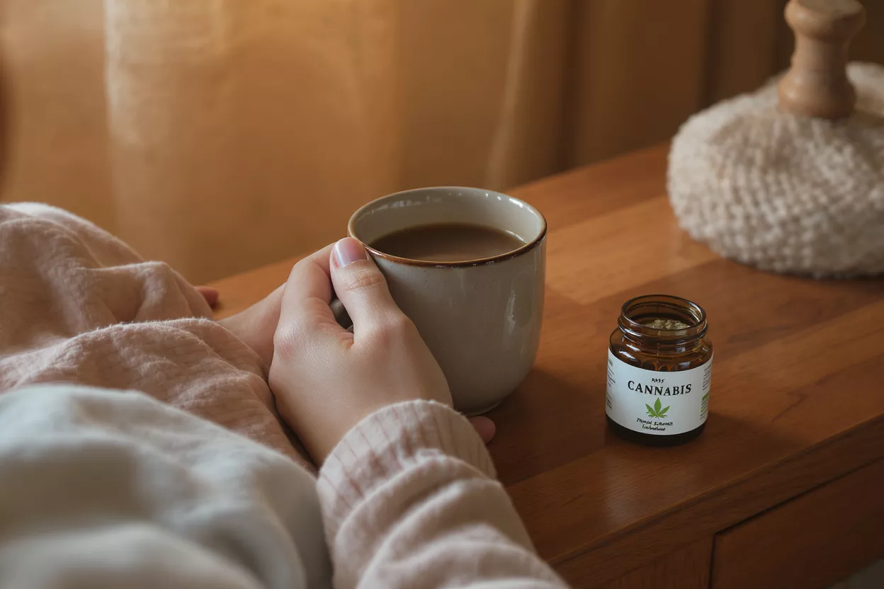 Personne tenant une tasse de café à côté d'un pot ouvert de cannabis sur une surface en bois.