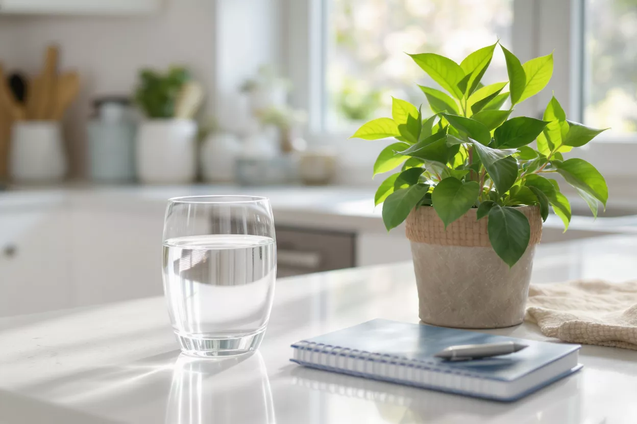Glass of water, green plant, notebook, and pen on a bright kitchen counter.