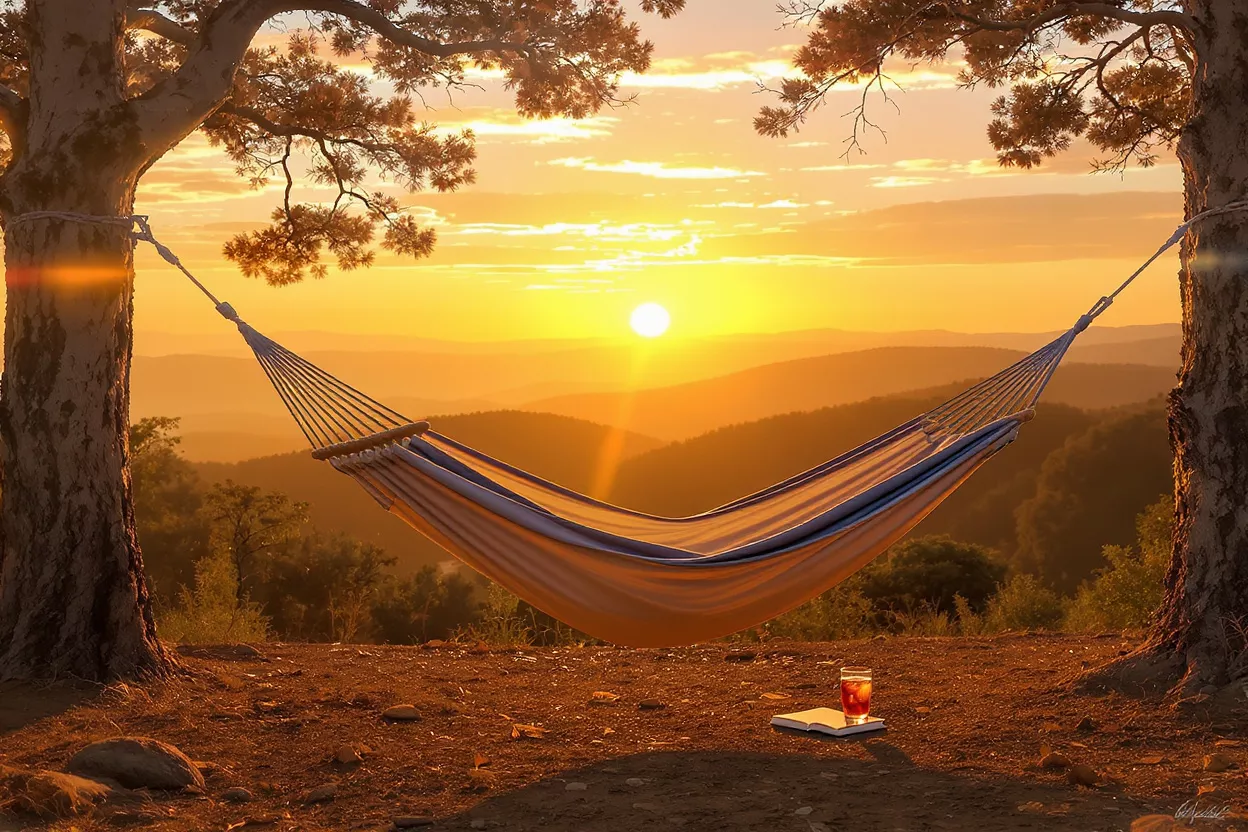 A hammock tied between two trees overlooking a stunning sunset mountain landscape.