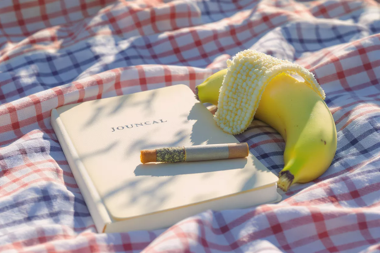 A journal, banana, and pre-roll on a checkered picnic blanket in sunlight.