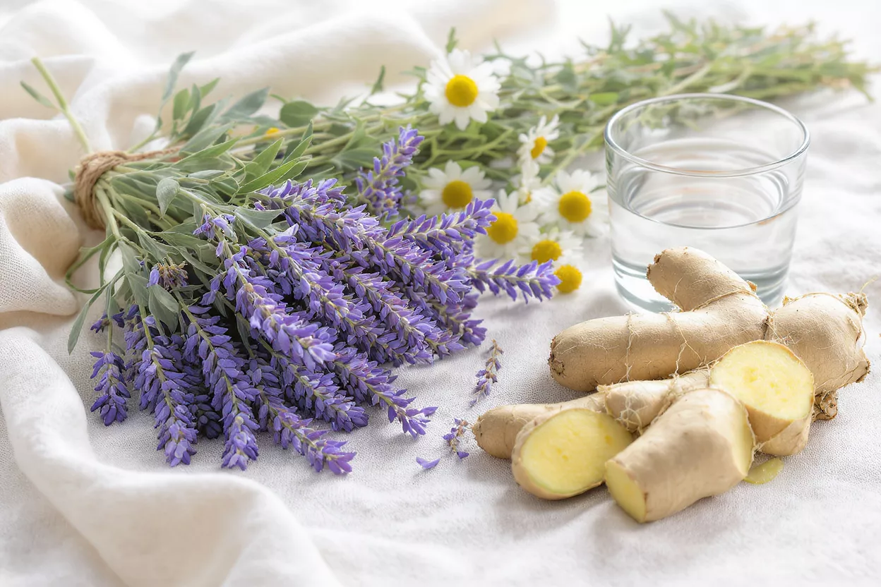 Lavender, ginger, chamomile, and water for natural remedies on white fabric.