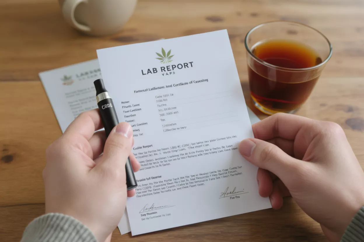 Hands holding a CBD vape pen and a lab report next to a glass of tea.