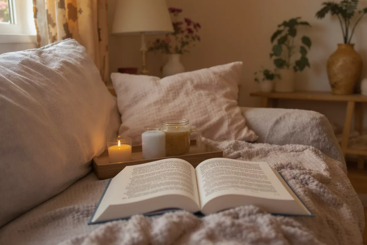 Open book, lit candles, and a drink on a tray in a cozy reading nook.