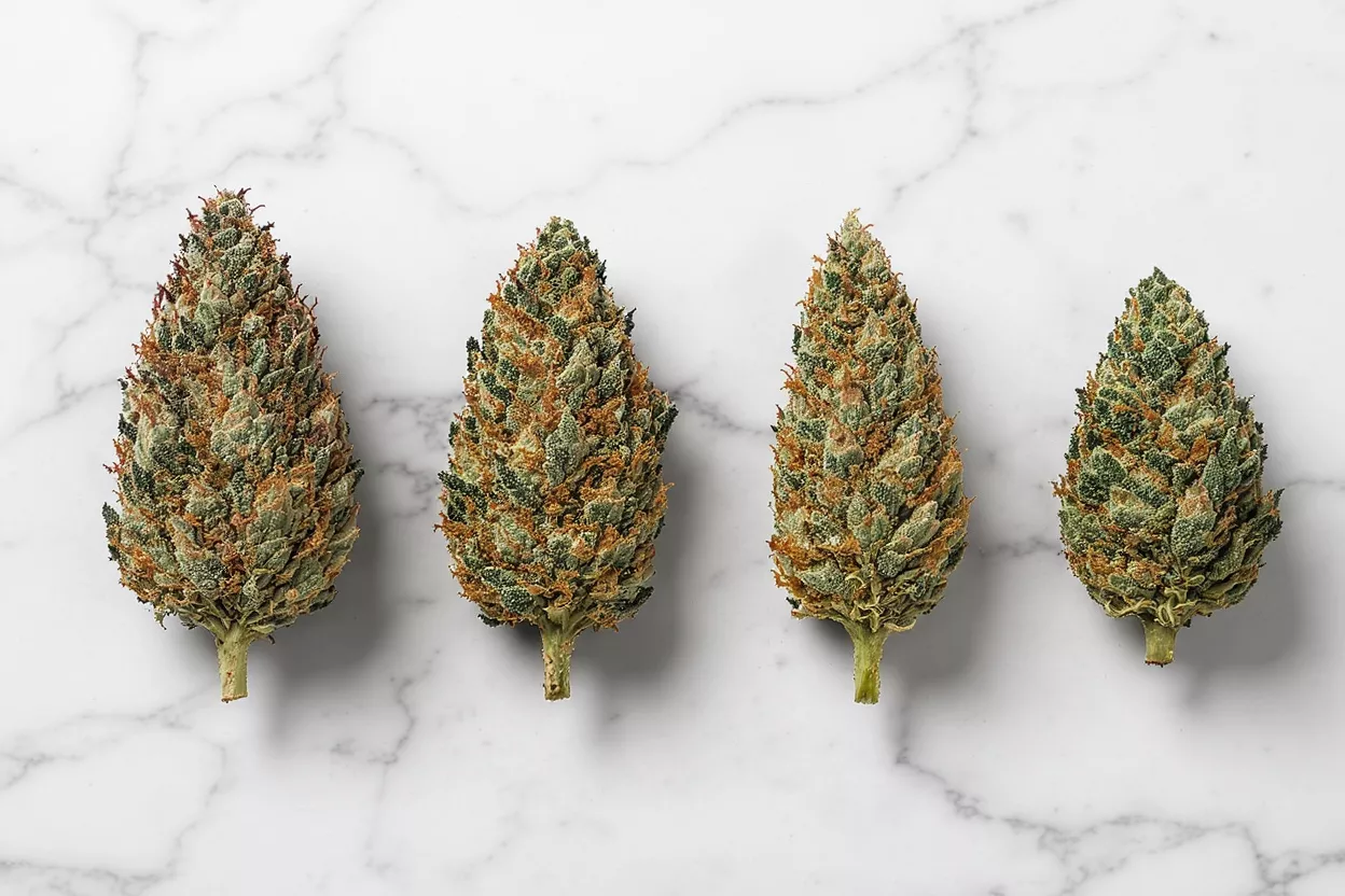 Four cannabis buds with green, orange, and white hues on a white marble background.