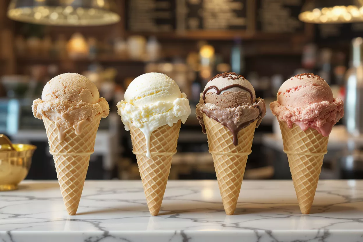 Four ice cream cones: peach, vanilla, chocolate, and strawberry on a marble counter.