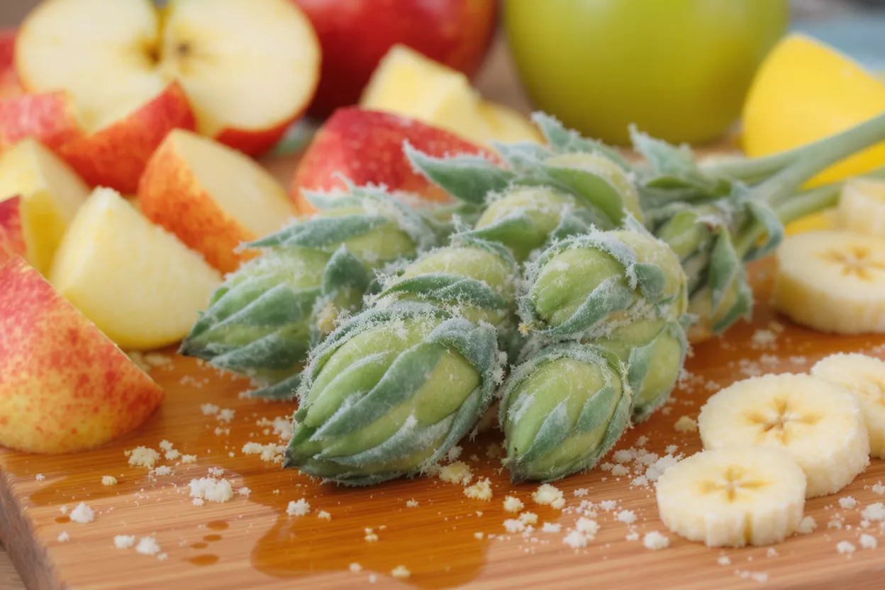 Apples, bananas, and green herbs on a wooden cutting board.