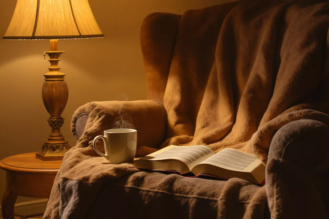 A warm, inviting scene with a book, steaming mug, and soft blanket on an armchair.