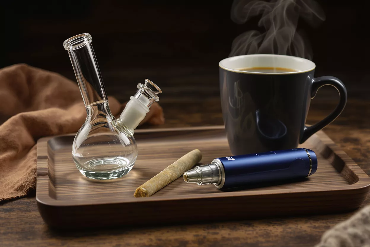 Glass bong, pre-rolled joint, blue vape, and steaming coffee on a wooden tray.