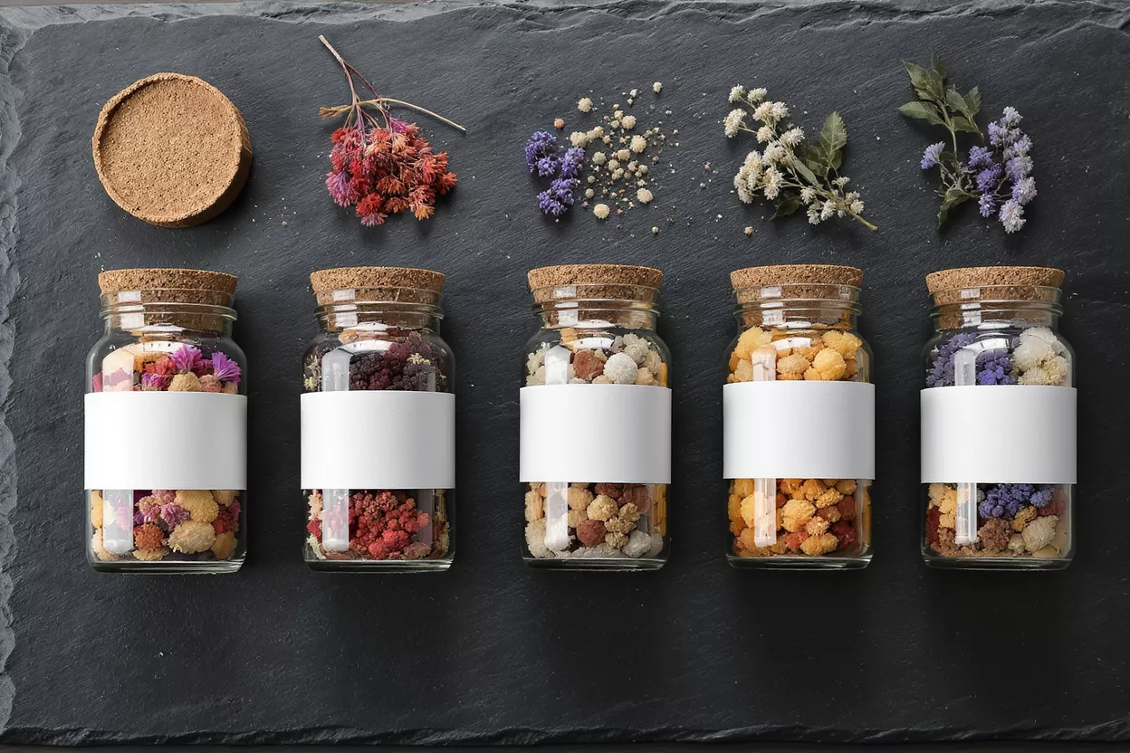 Five glass jars with cork lids filled with colorful dried flowers and spices on slate.