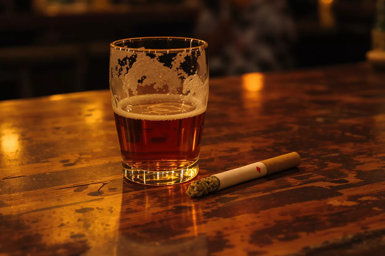 A glass of beer next to a cigarette on a wooden table