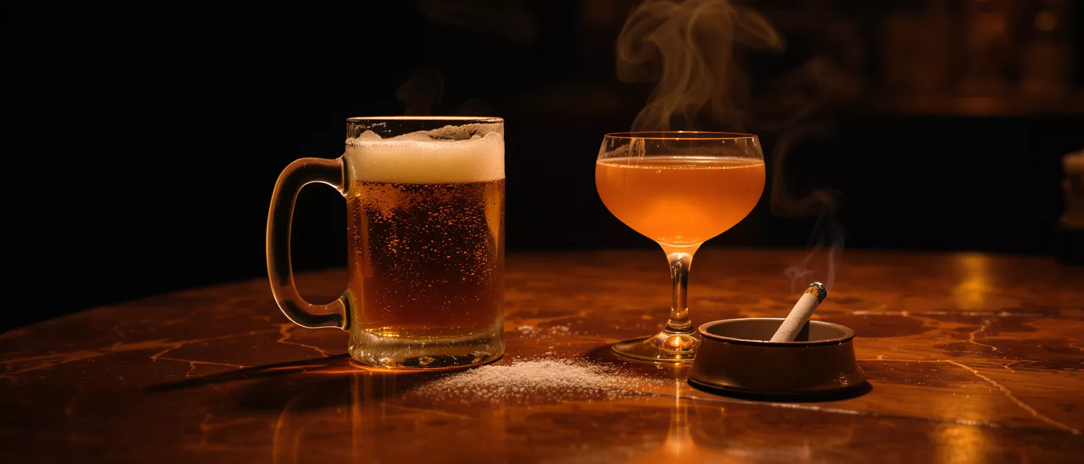 A beer mug and a cocktail glass on a bar table