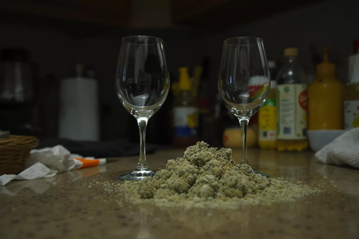 Two wine glasses beside a pile of cannabis on a countertop