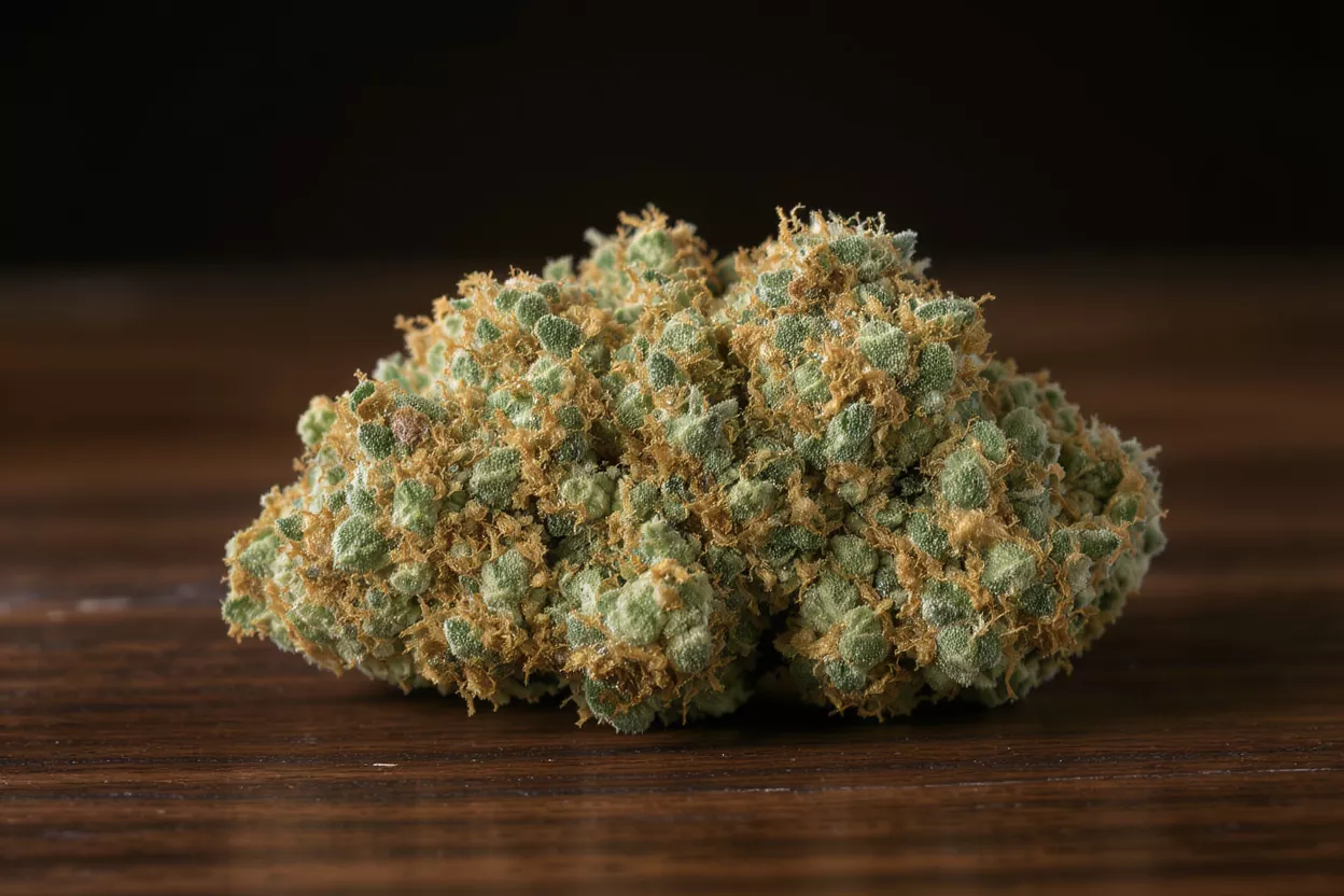 Primer plan de un cogollo de cannabis Vista detallada de un cogollo de cannabis sobre una superficie de madera