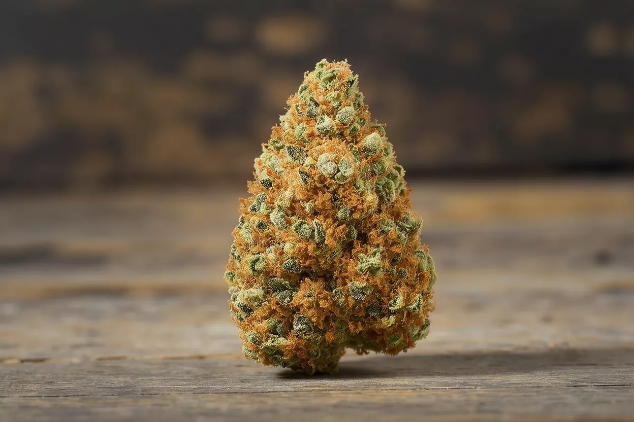 Primer plan de cogollo de cannabis Una vista detallada de un cogollo de cannabis sobre una superficie de madera