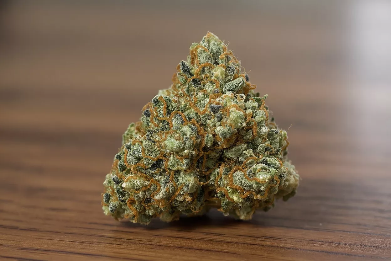 Primer plan de un cogollo de cannabis Vista detallada de un cogollo de cannabis sobre una superficie de madera