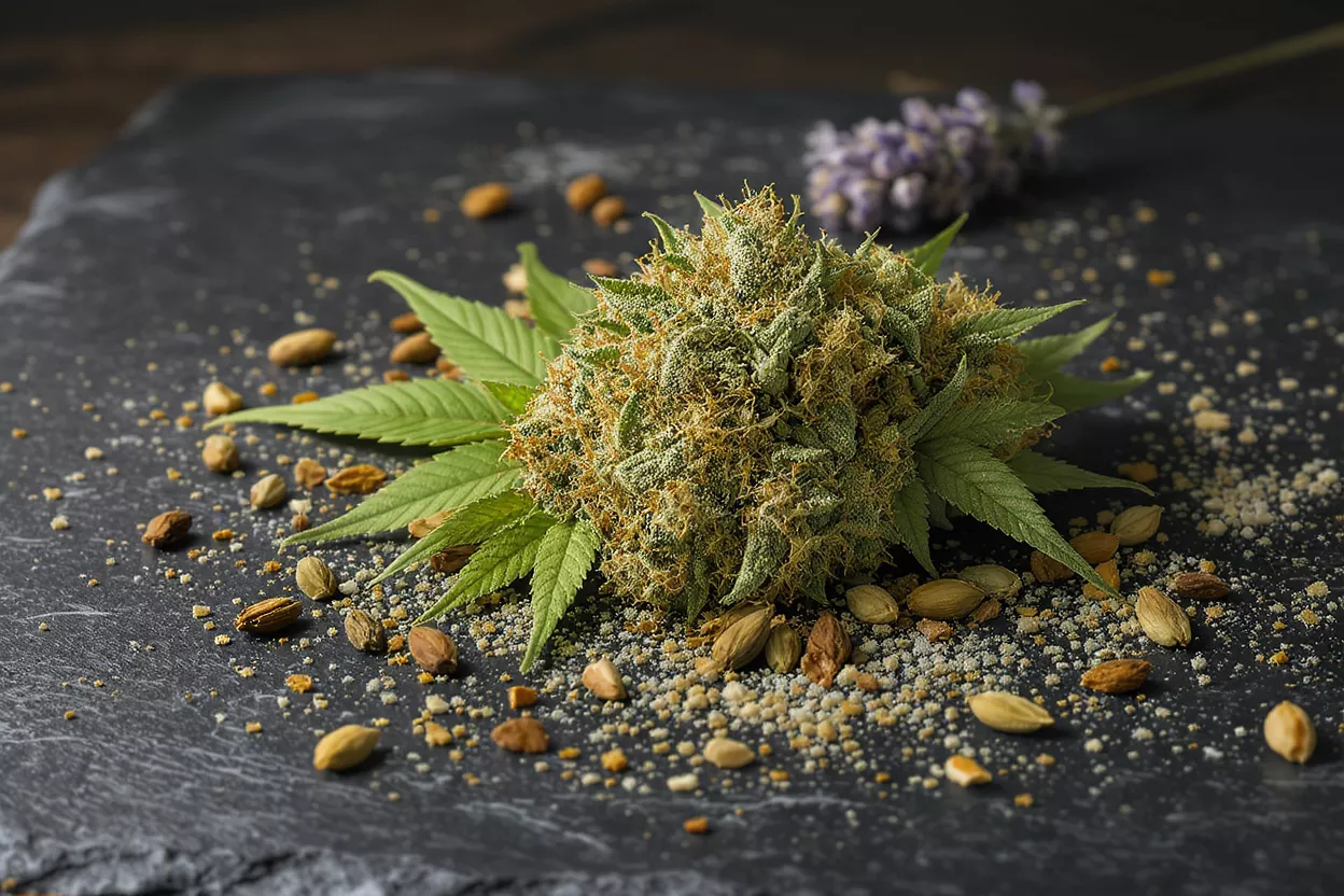 Capullos de cannabis y especias Primer plano de capullos de cannabis rodeados de especias