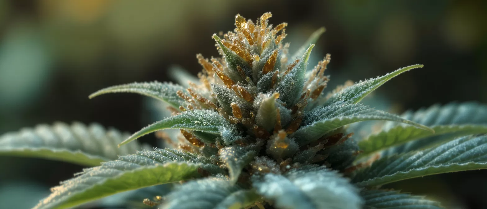 Vista detallada de los cogollos y hojas de una planta de cannabis