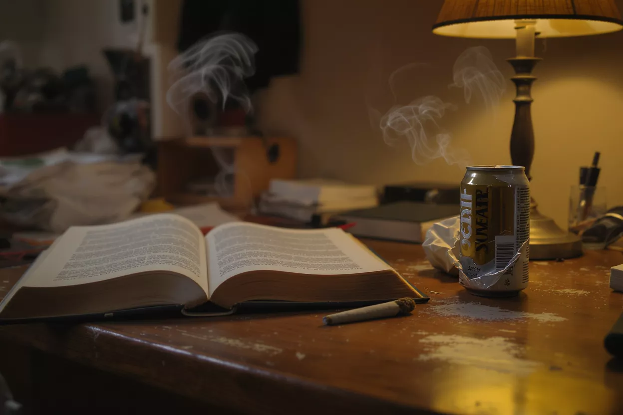 An open book on a desk with smoke and a can