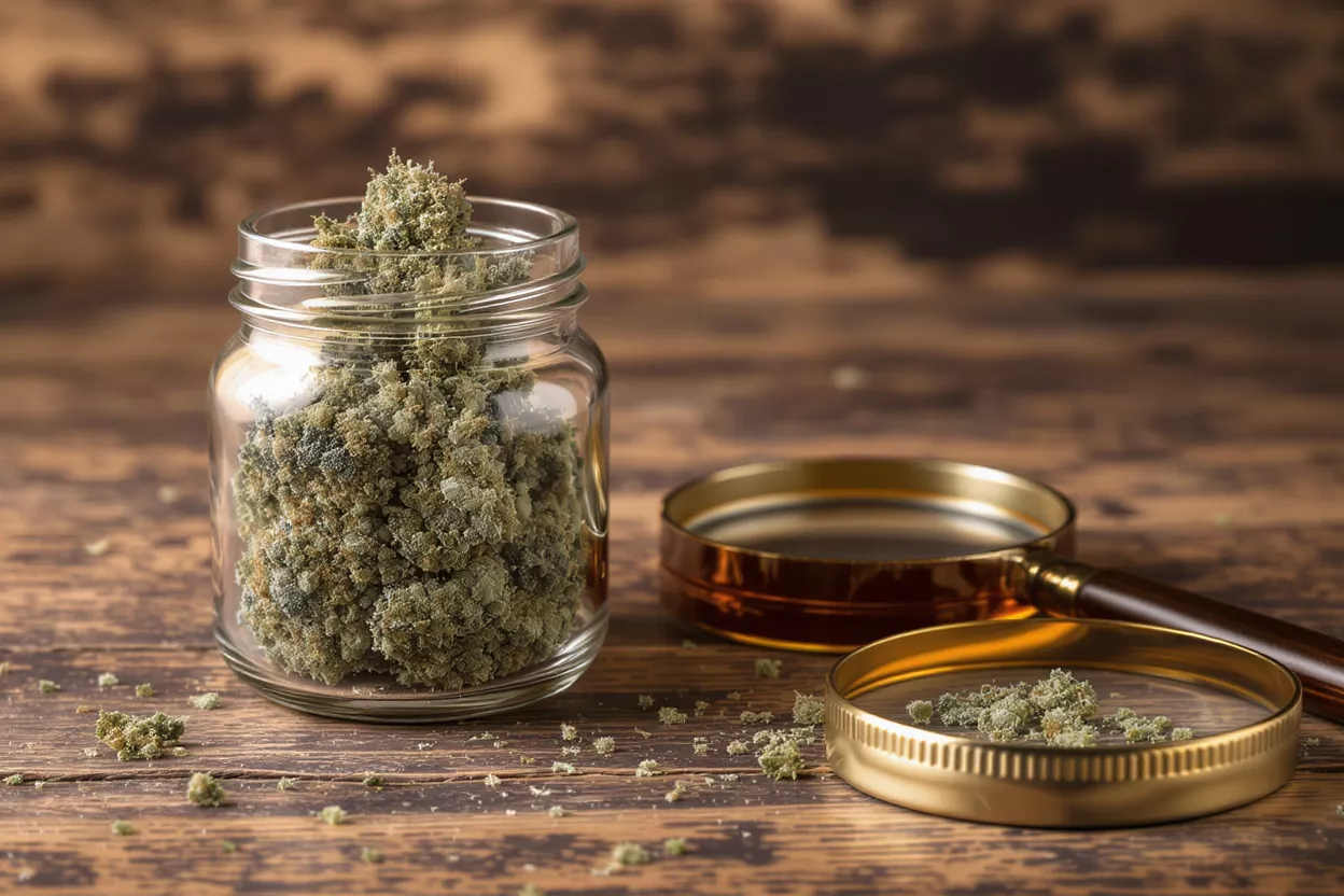 Cannabis en frasco de vidrio Un frasco de vidrio lleno de flores de cannabis