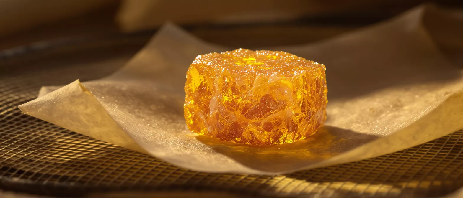 A shiny piece of golden honey candy on parchment paper