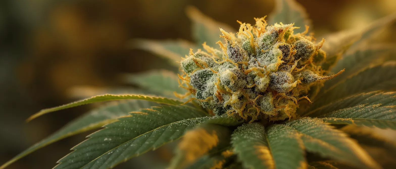 Close-up of a cannabis bud covered in sparkling trichomes and orange pistils.