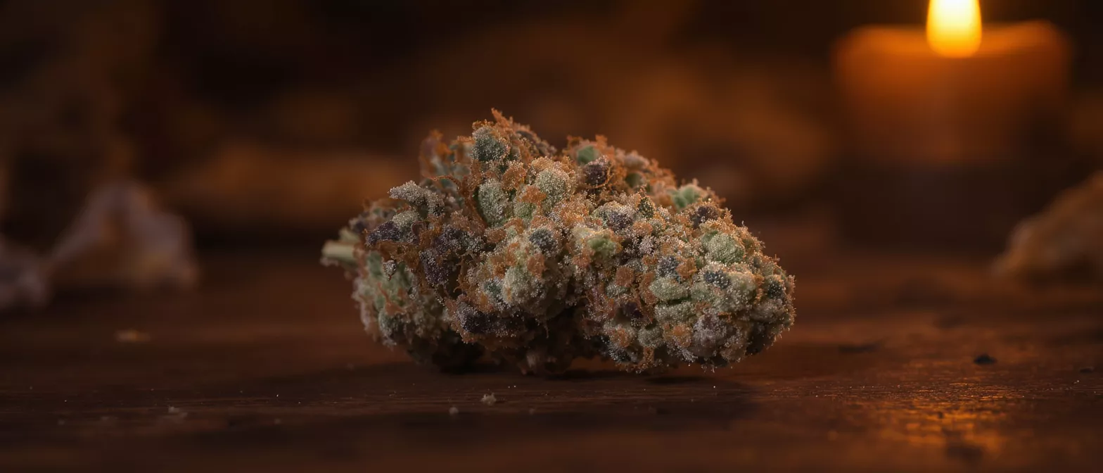 Gros plan d'un bourgeon de cannabis avec des trichomes, illuminé par une lueur chaude de bougie.