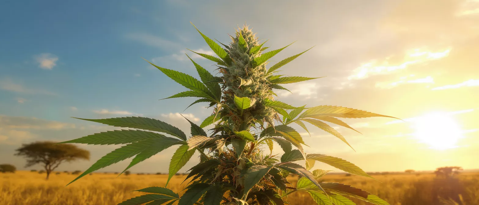 Close-up of a cannabis plant with a golden sunset in the background.