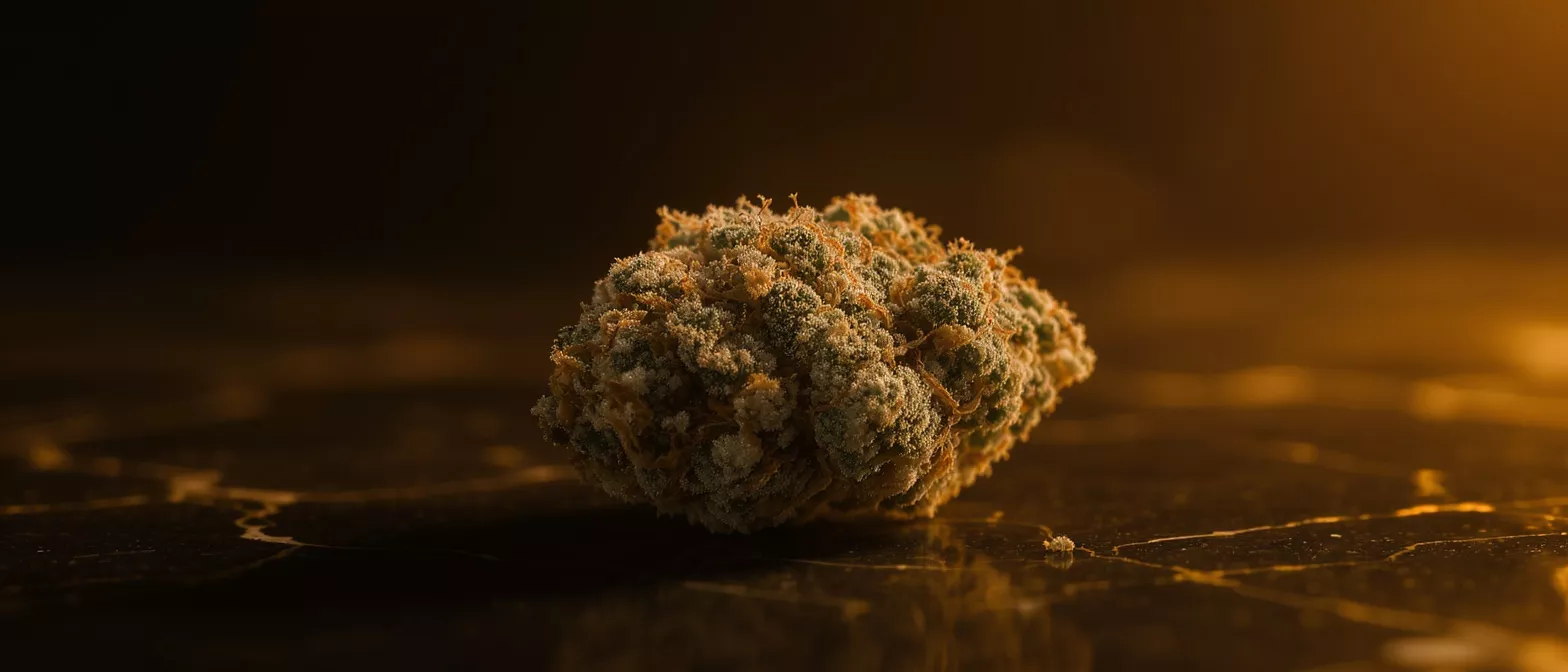 Close-up of a dense cannabis bud with orange hairs and trichomes on a dark surface.