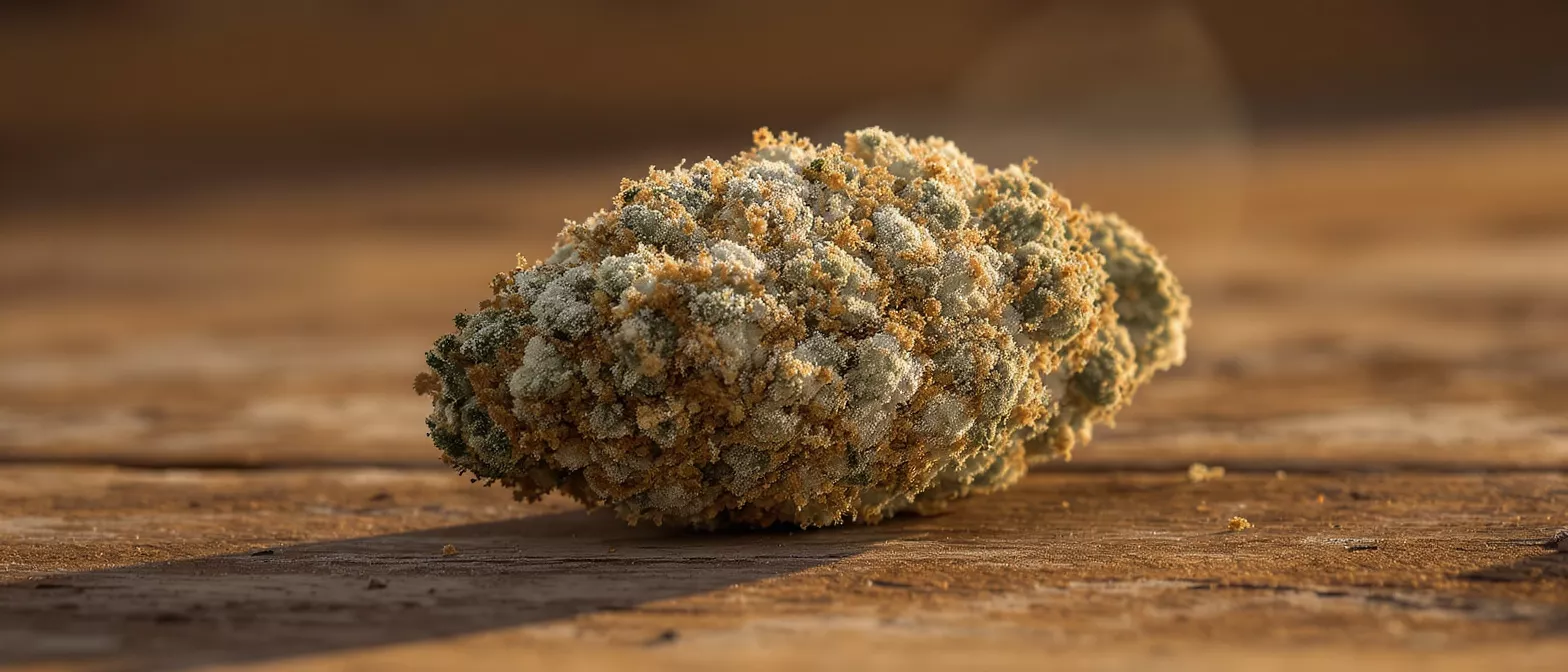 Primer plano de un cogollo de cannabis cubierto de kief sobre una superficie de madera rústica.