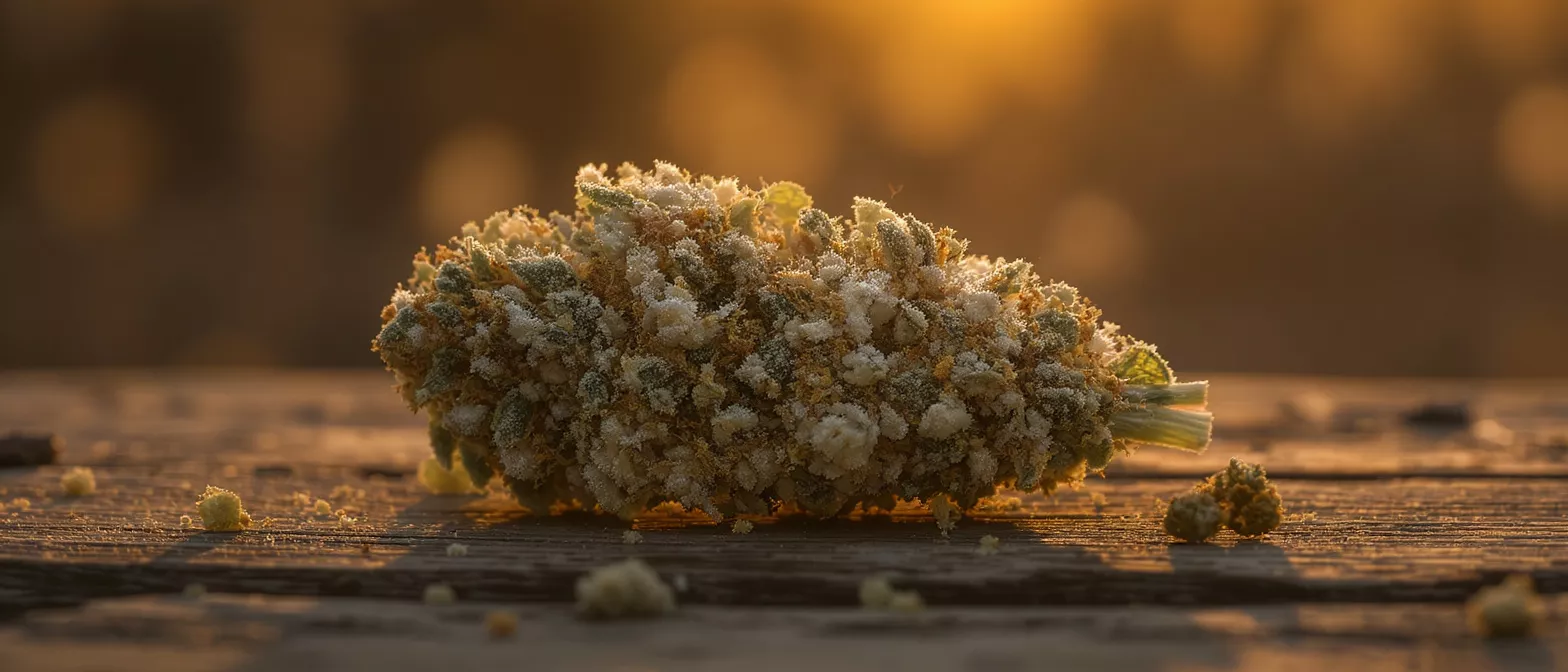 Primer plano de un cogollo de cannabis cubierto de kief sobre una superficie de madera al atardecer.