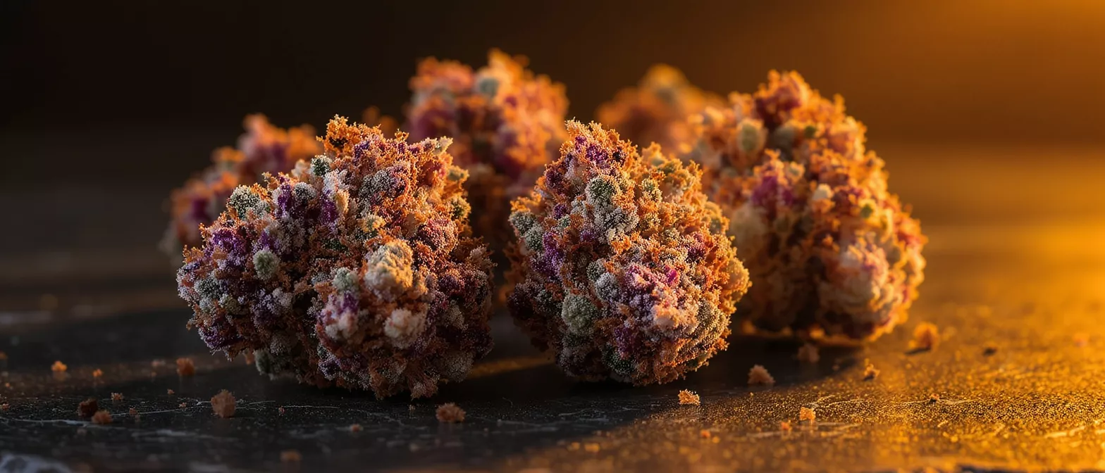 Close-up of colorful cannabis buds with orange, purple, and green hues.