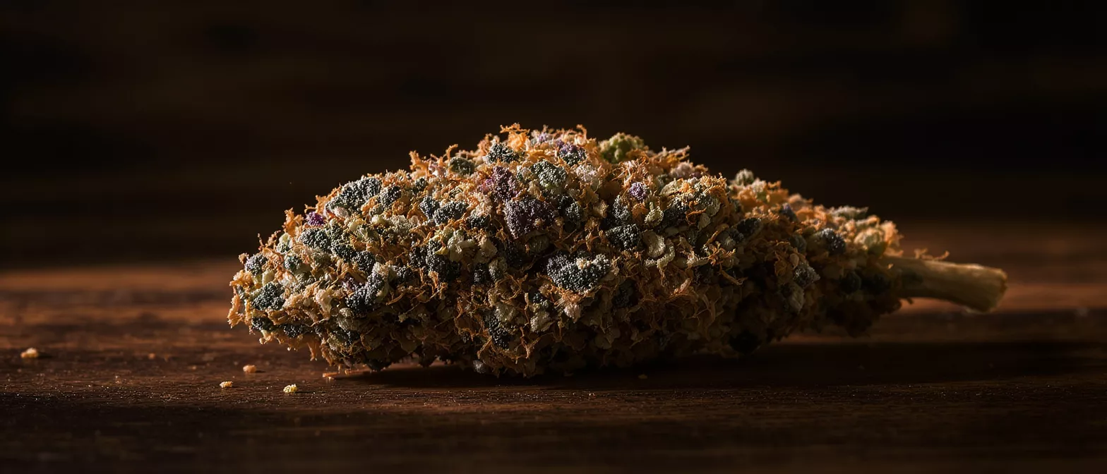 Close-up of a vibrant, trichome-rich cannabis bud on a dark wooden surface.