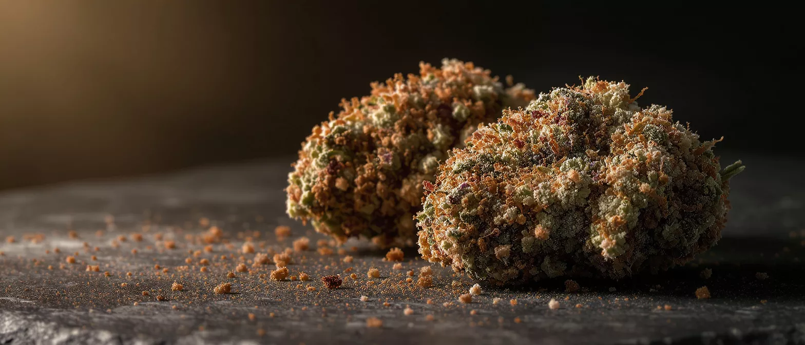 Two cannabis buds covered in kief on a dark, textured surface.