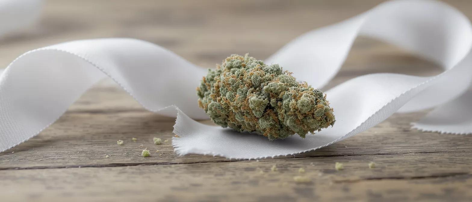 Close-up of a cannabis bud resting on a white ribbon on a wooden surface.
