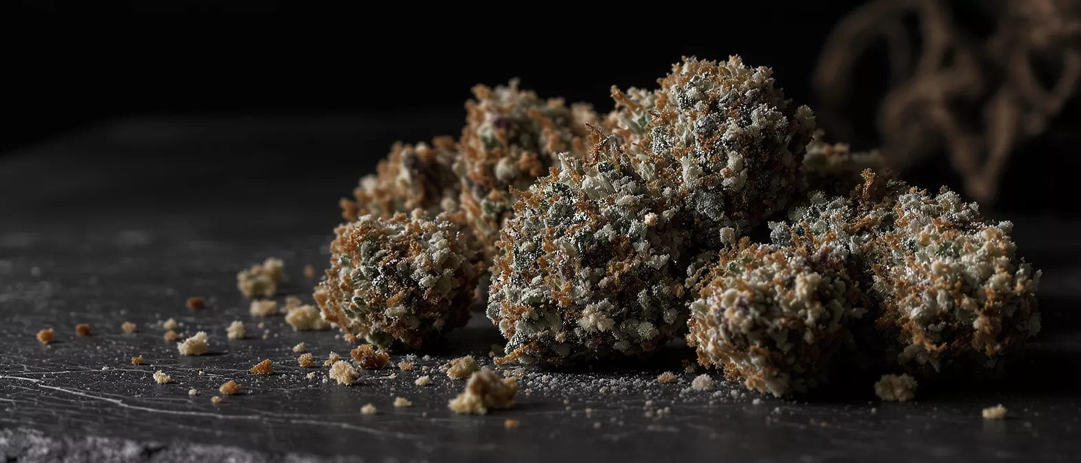 Close-up of several cannabis nuggets covered in trichomes on a dark surface.