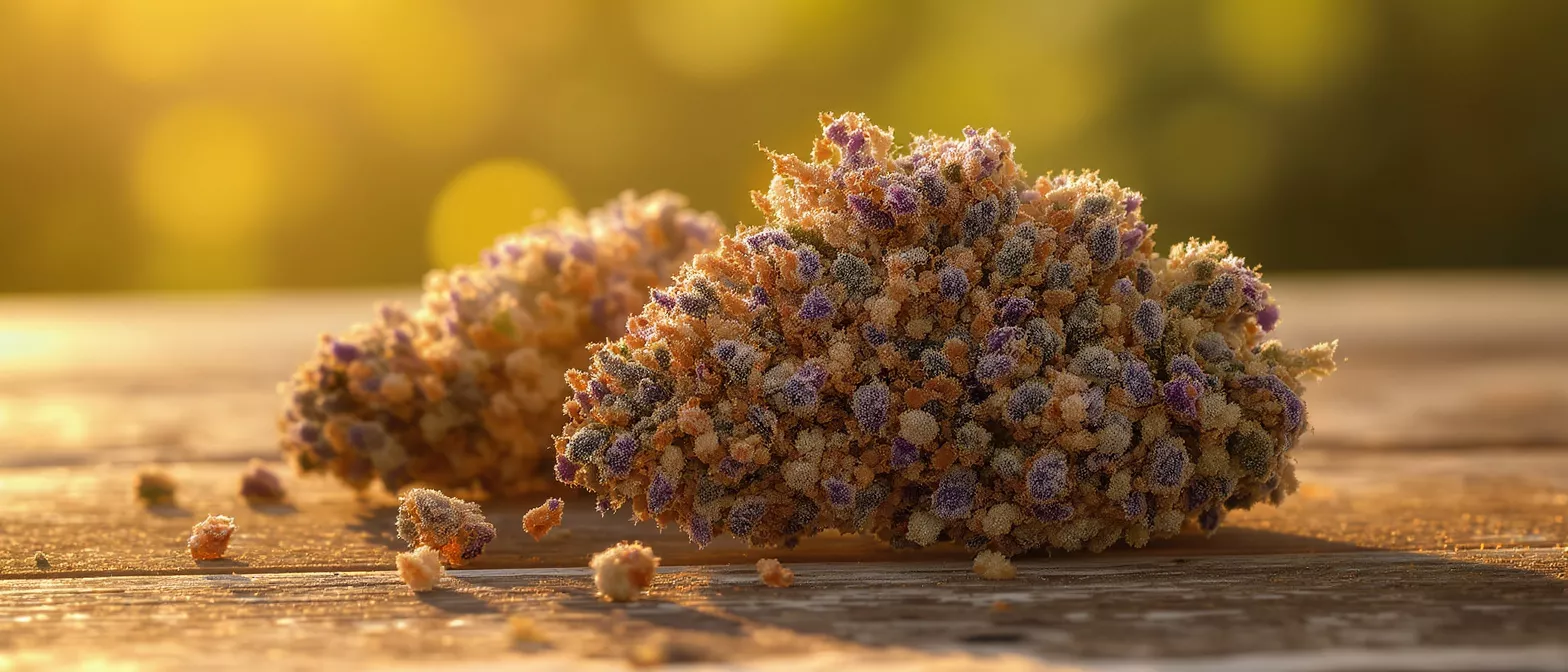 Two clusters of colorful granular material on a wooden surface at sunset.
