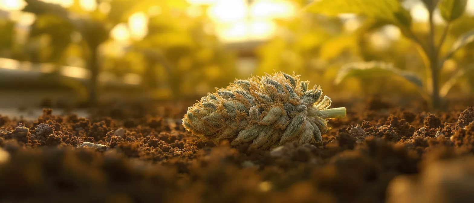 Close-up of a cannabis bud resting on rich soil with a golden sunset glow.
