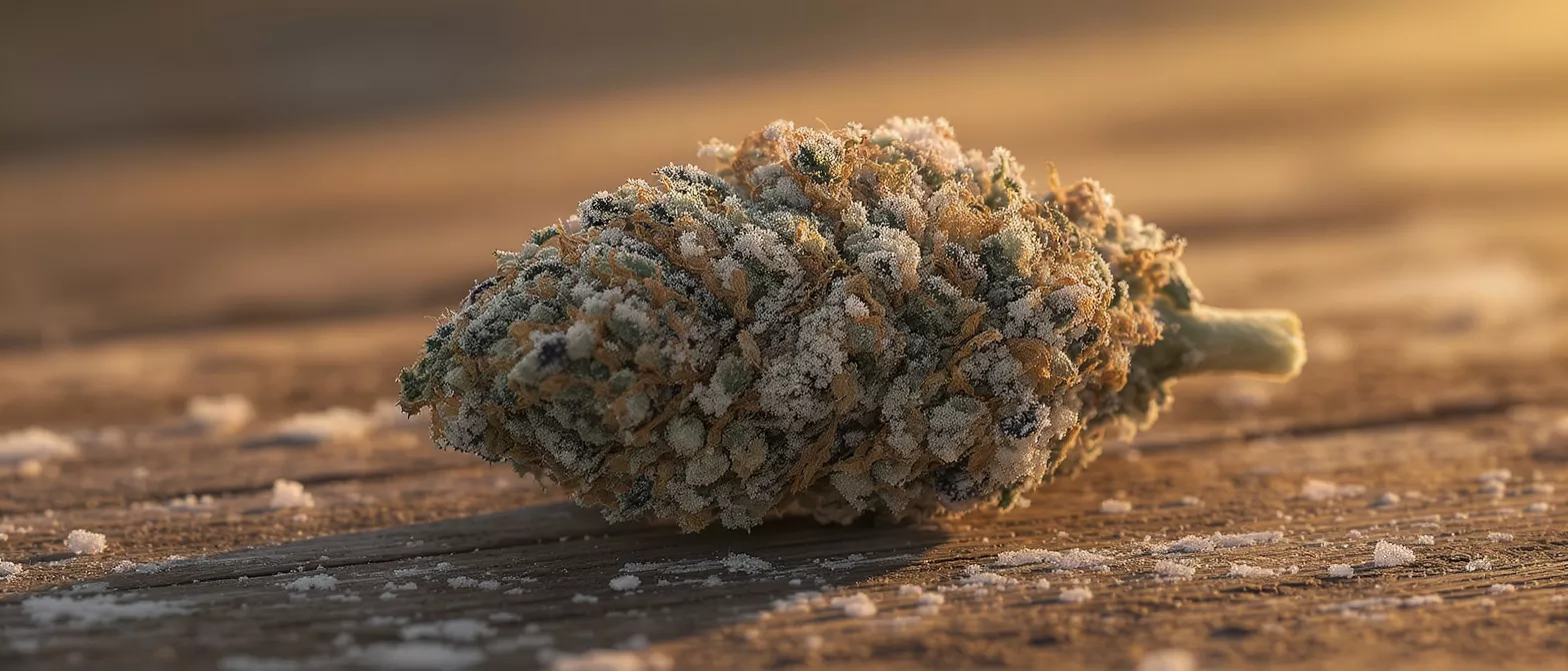 Close-up of a cannabis bud covered in white trichomes on a wooden surface.