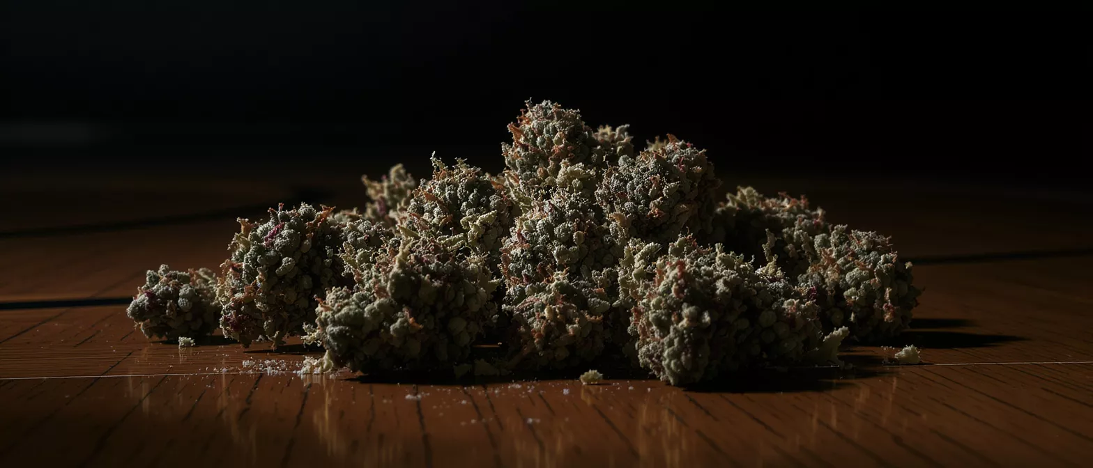 Close-up of cannabis buds with trichomes on a dark wooden table, dark background.
