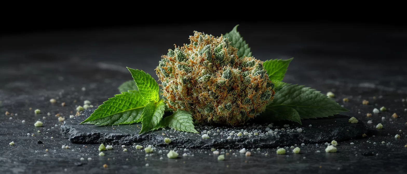 Close-up of a cannabis bud with mint leaves on a dark stone surface.