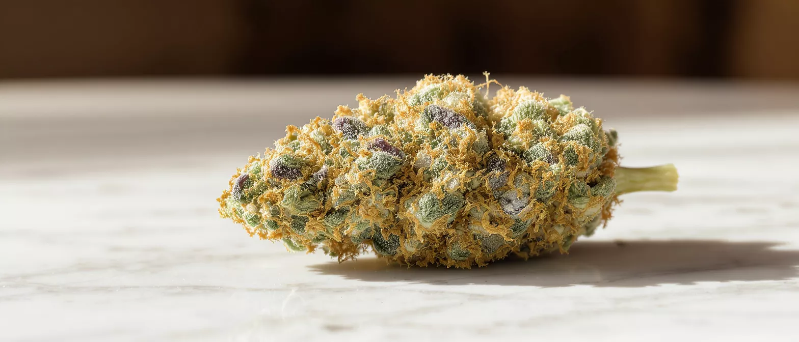 Close-up of a cannabis bud with visible trichomes and orange hairs.